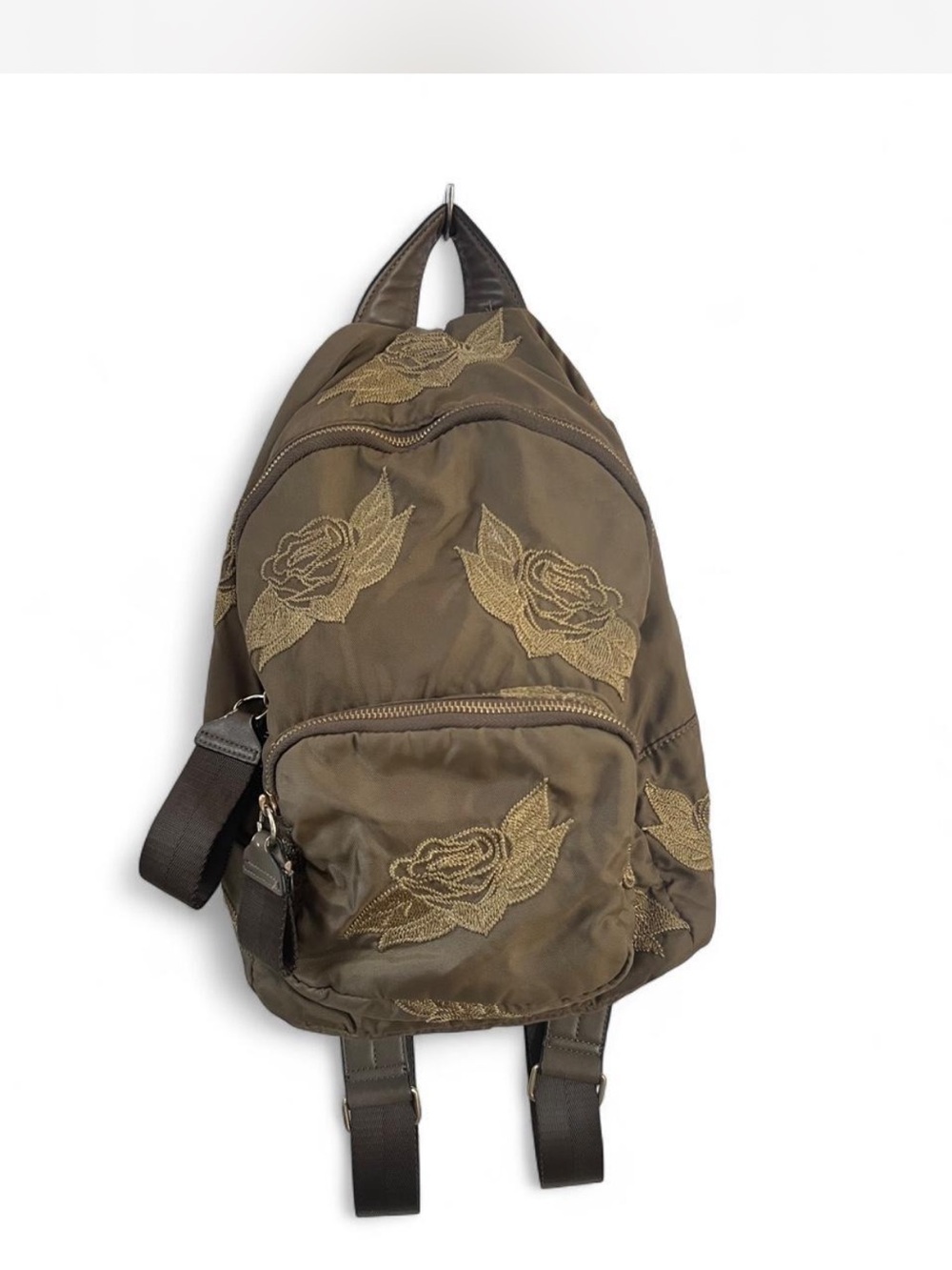 Zara Olive Green Mini Backpack with Rose Embroidery